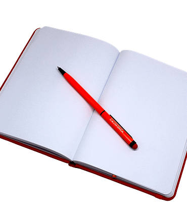 Caderno aberto estilo Moleskine com caneta vermelha.