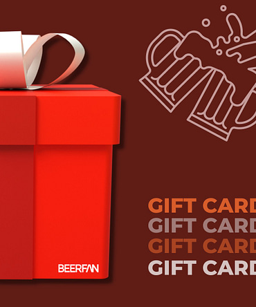 Cartão de presente vermelho com desenho de caixa de presente e copo de cerveja, acompanhado da frase Gift Card.