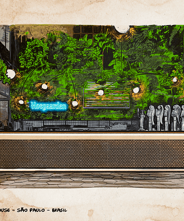 Ilustração do bar e restaurante Hoegaarden com letreiro Hoegaarden, plantas, balcão e cadeiras e uma frase abaixo escrito: Hoegaarden Greenhouse - São Paulo - Brasil