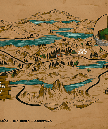 Ilustração em pôster de um mapa com rios e montanhas e um ponto de destino com a cervejaria Patagonia e a frase Patagonia Cervecerías - Rio Negro - Argentina