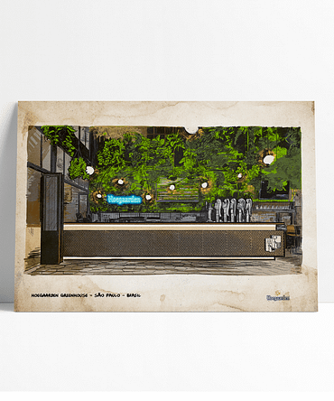 Ilustração do bar e restaurante Hoegaarden com letreiro Hoegaarden, plantas, balcão e cadeiras e uma frase abaixo escrito: Hoegaarden Greenhouse - São Paulo - Brasil