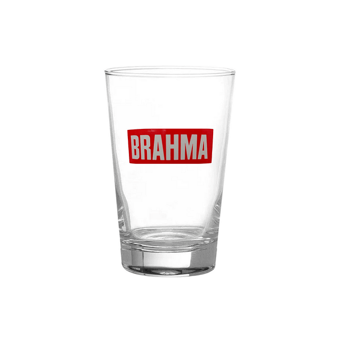 Copo impresso com um logo escrito Brahma.